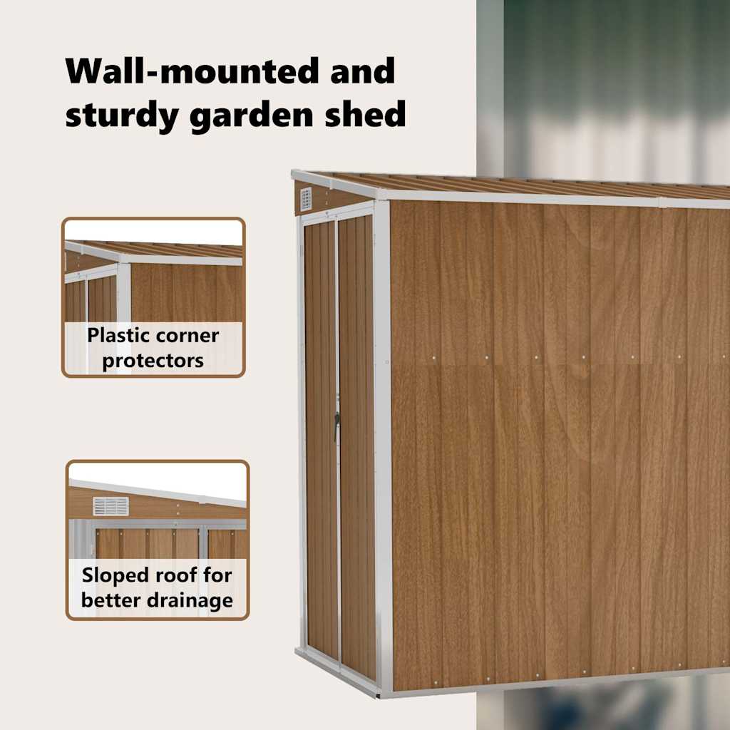 Abrigo de jardim de parede castanho 118x288x178 cm aço galvanizado