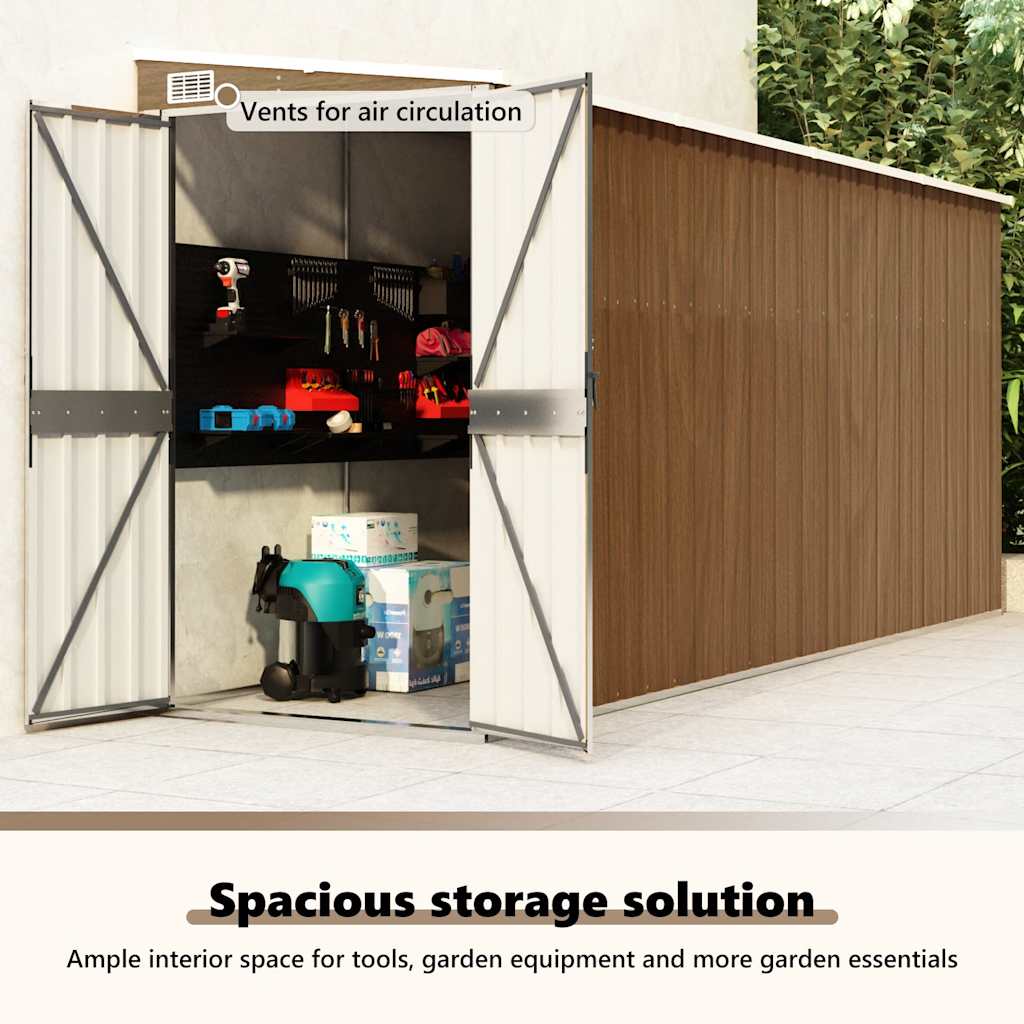 Abrigo de jardim de parede castanho 118x382x178 cm aço galvanizado
