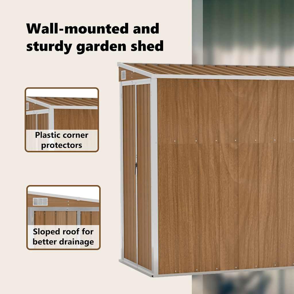 Abrigo de jardim de parede castanho 118x382x178 cm aço galvanizado