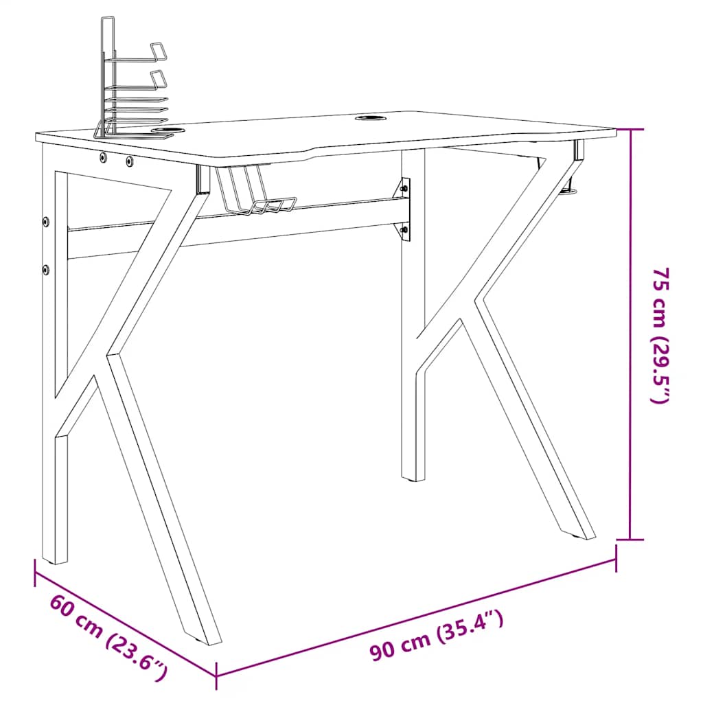 Secretária de gaming c/ pernas em forma de K 90x60x75 cm preto