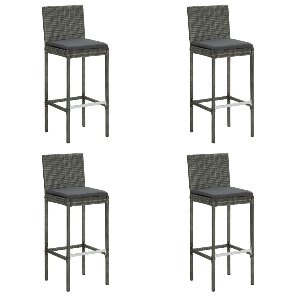 Bancos de bar p/ jardim com almofadões 4 pcs vime PE cinzento