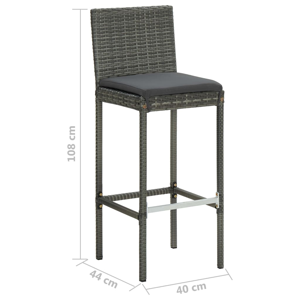 Bancos de bar p/ jardim com almofadões 4 pcs vime PE cinzento