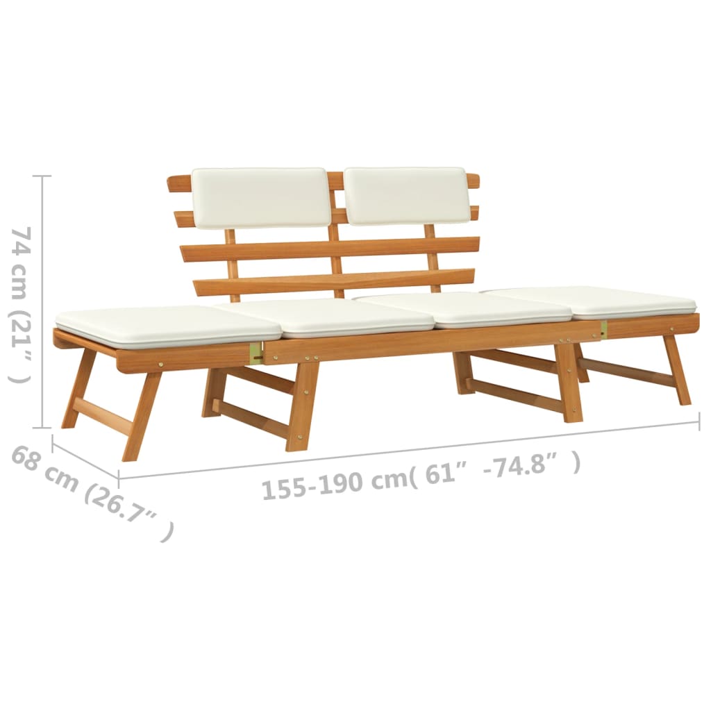 Banco de jardim + almofadões 2-em-1 190cm madeira acácia maciça