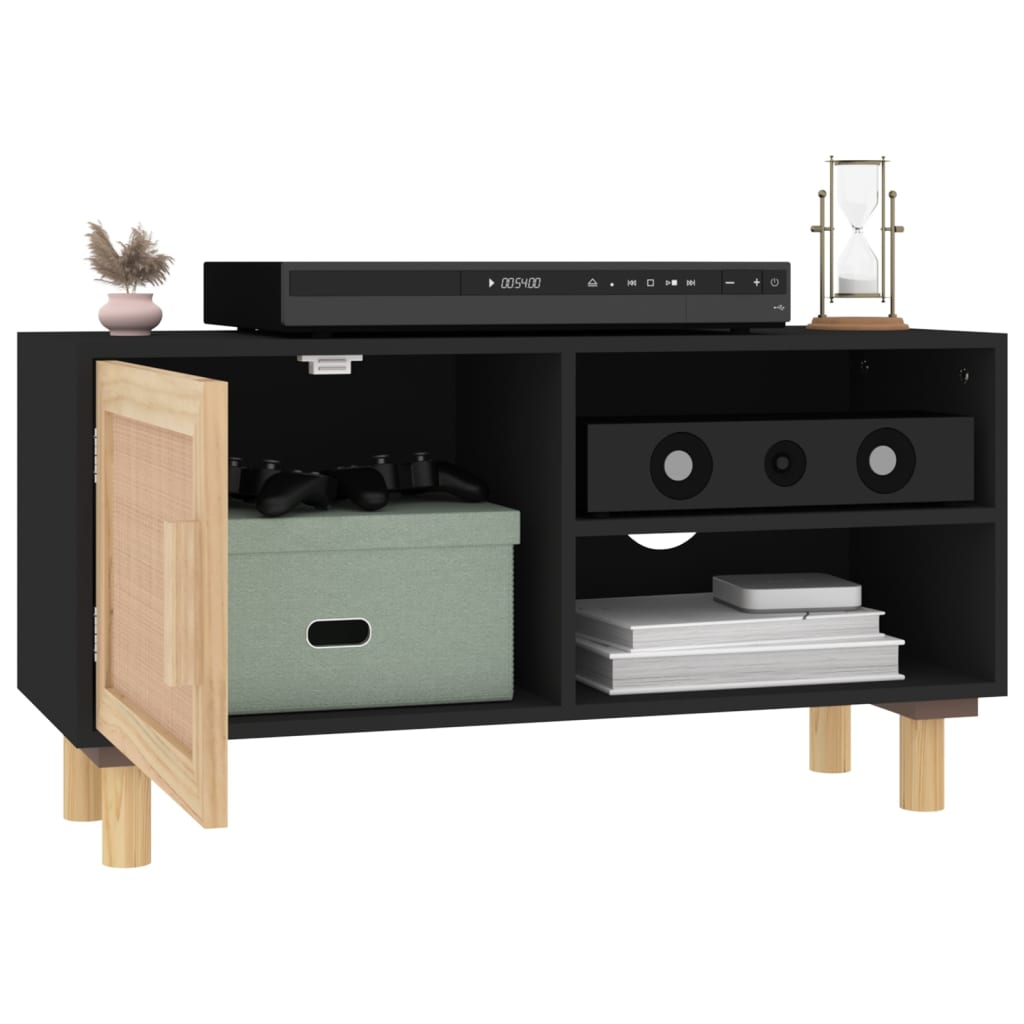 Móvel de TV 80x30x40 cm pinho maciço/vime natural preto