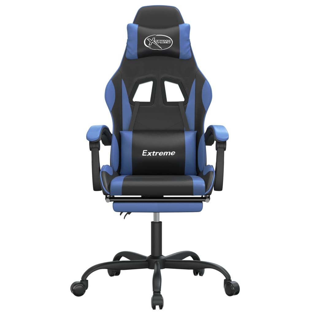 Cadeira gaming c/ apoio para pés couro artificial preto e azul