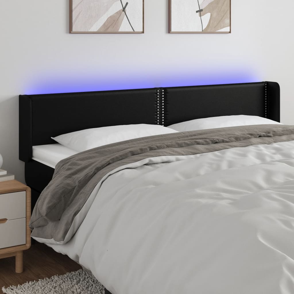 Cabeceira de cama c/ LED couro artificial 183x16x78/88 cm preto
