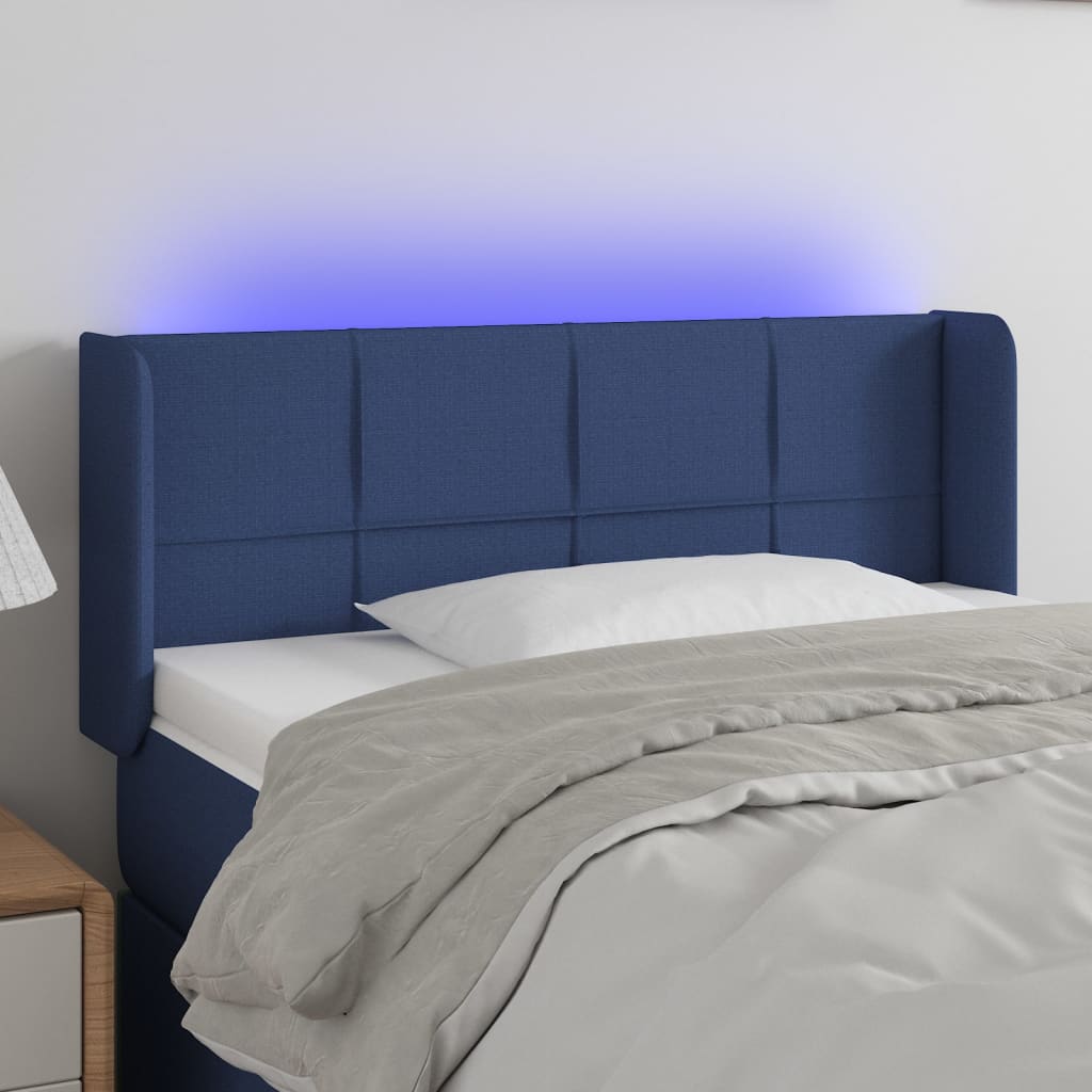Cabeceira de cama c/ luzes LED tecido 93x16x78/88 cm azul