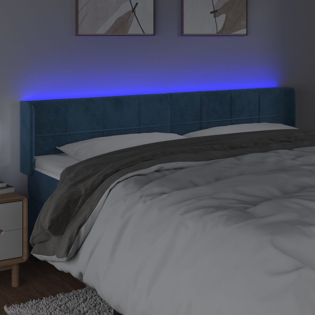 Cabeceira cama c/ luzes LED veludo 163x16x78/88 cm azul-escuro