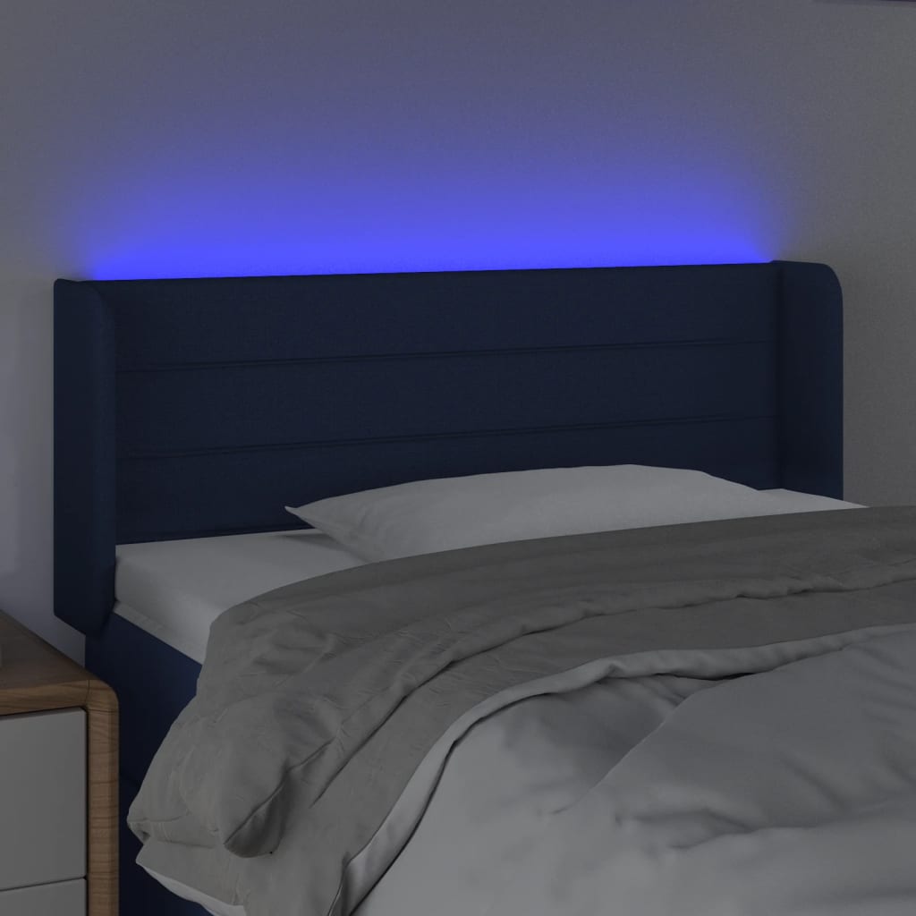 Cabeceira de cama c/ luzes LED tecido 103x16x78/88 cm azul