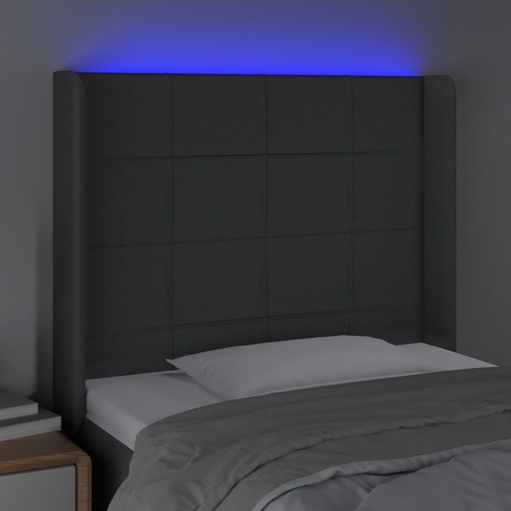 Cabeceira de cama c/ LED tecido 103x16x118/128 cm cinza-escuro