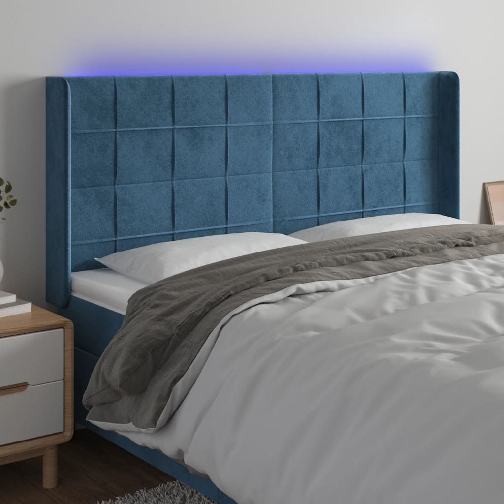 Cabeceira cama c/ luzes LED veludo 183x16x118/128cm azul-escuro