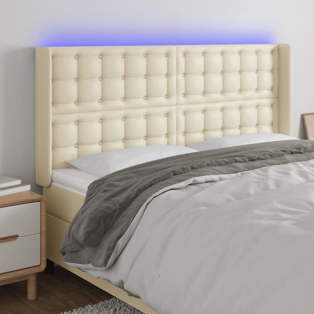 Cabeceira cama c/ LED 203x16x118/128 cm couro artificial crème