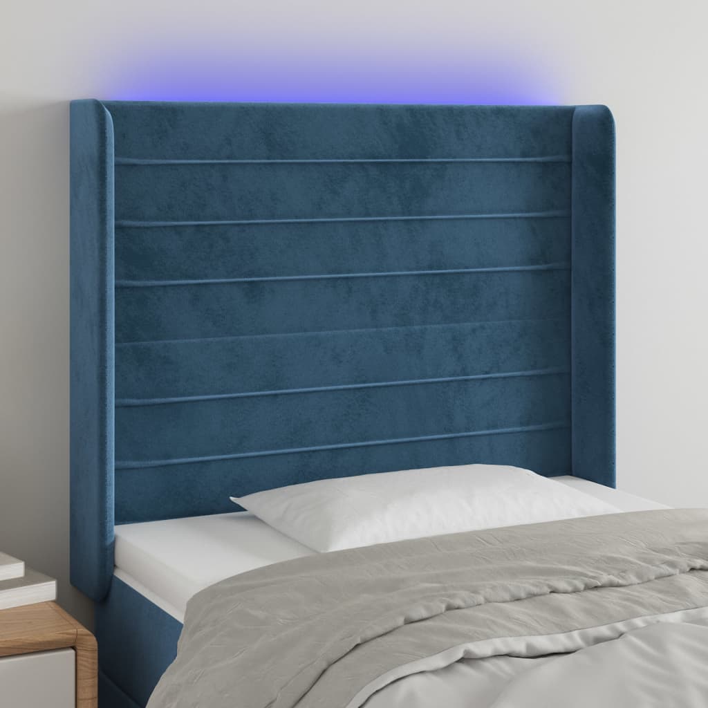 Cabeceira cama c/ luzes LED veludo 93x16x118/128 cm azul-escuro