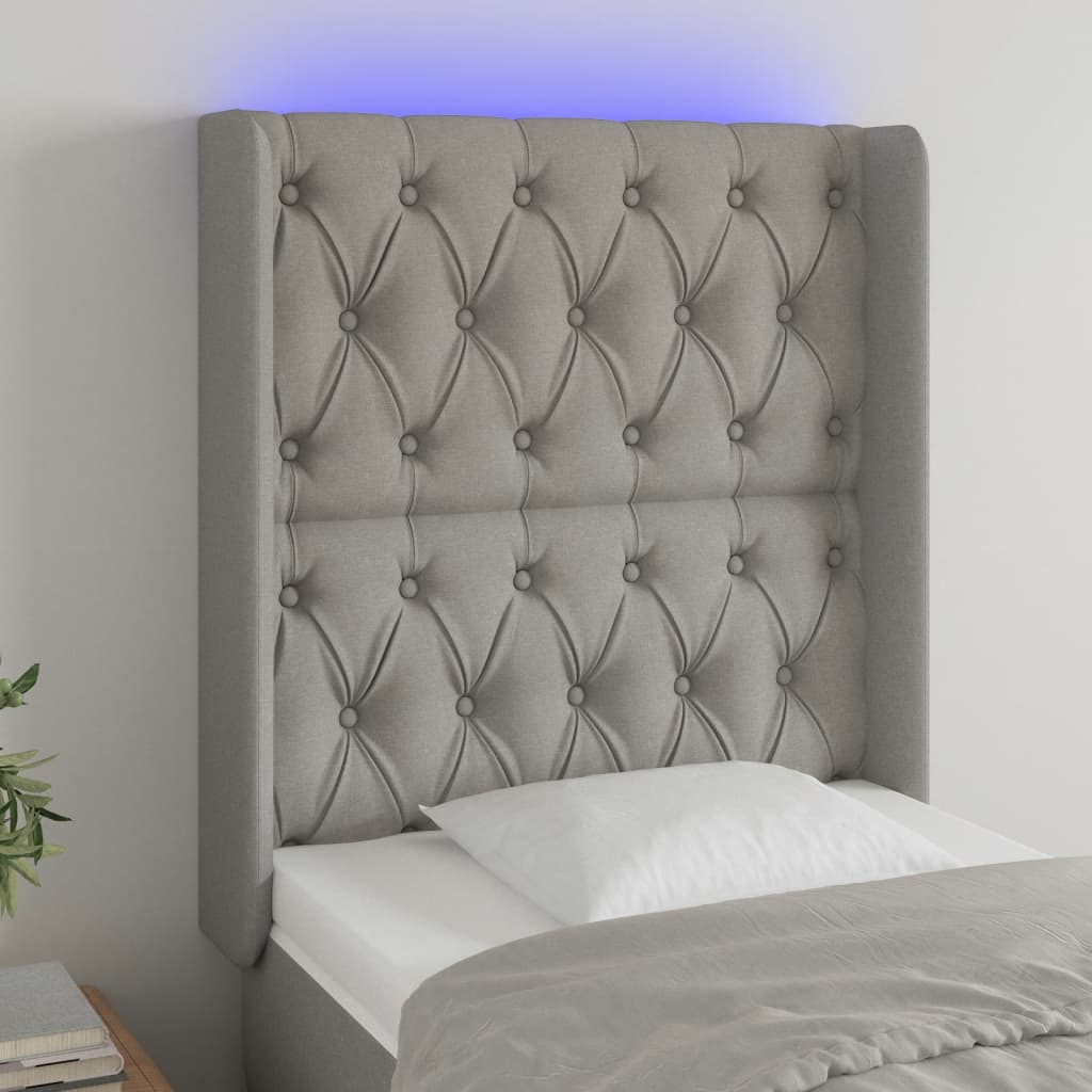Cabeceira cama c/ luzes LED tecido 83x16x118/128 cm cinza-claro