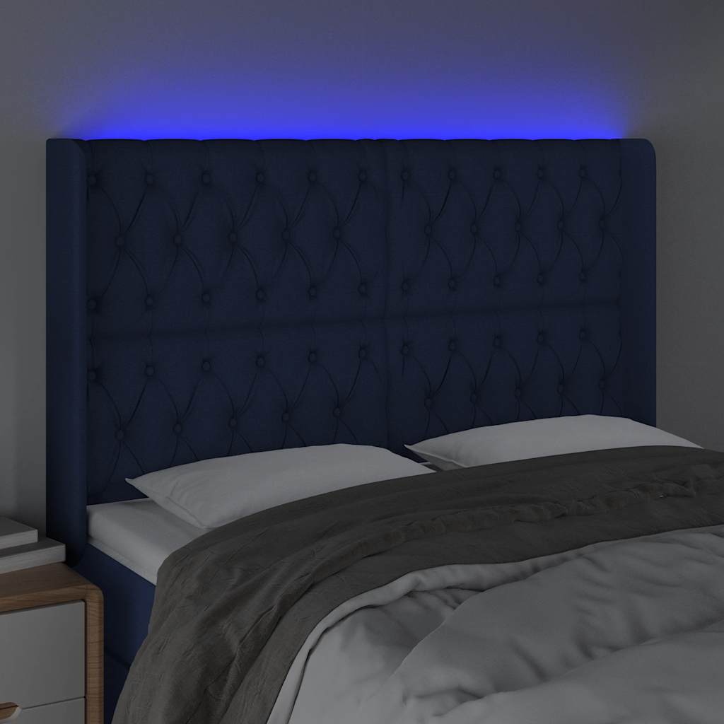 Cabeceira de cama c/ luzes LED tecido 163x16x118/128 cm azul