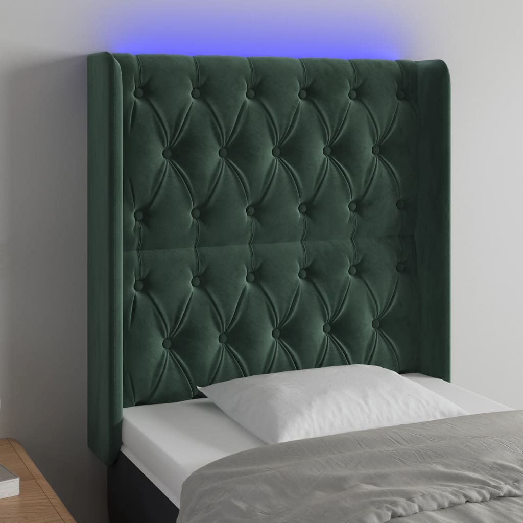 Cabeceira cama c/ luzes LED veludo 83x16x118/128cm verde-escuro