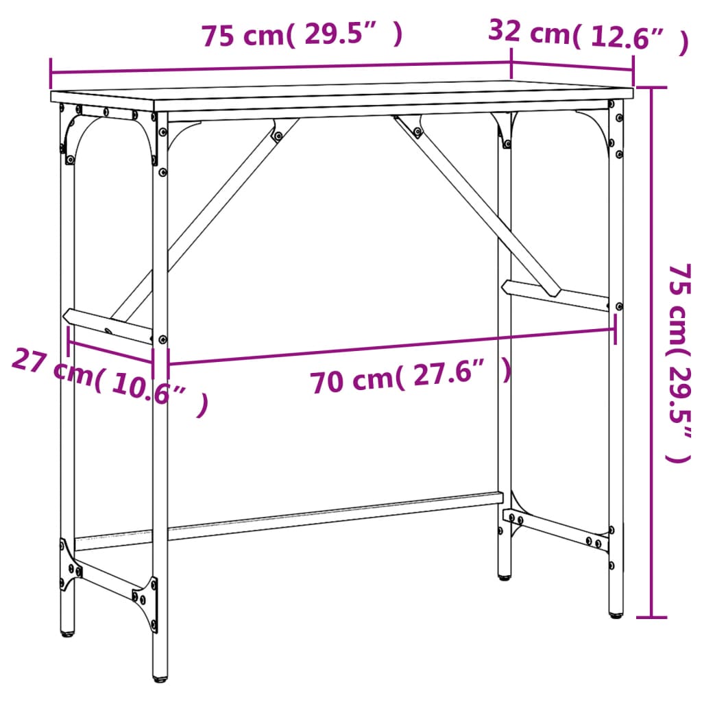 Mesa consola 75x32x75 cm derivados de madeira carvalho fumado