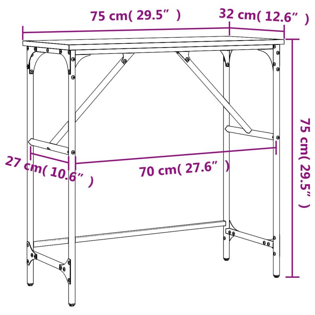 Mesa consola 75x32x75 cm derivados de madeira cinzento sonoma