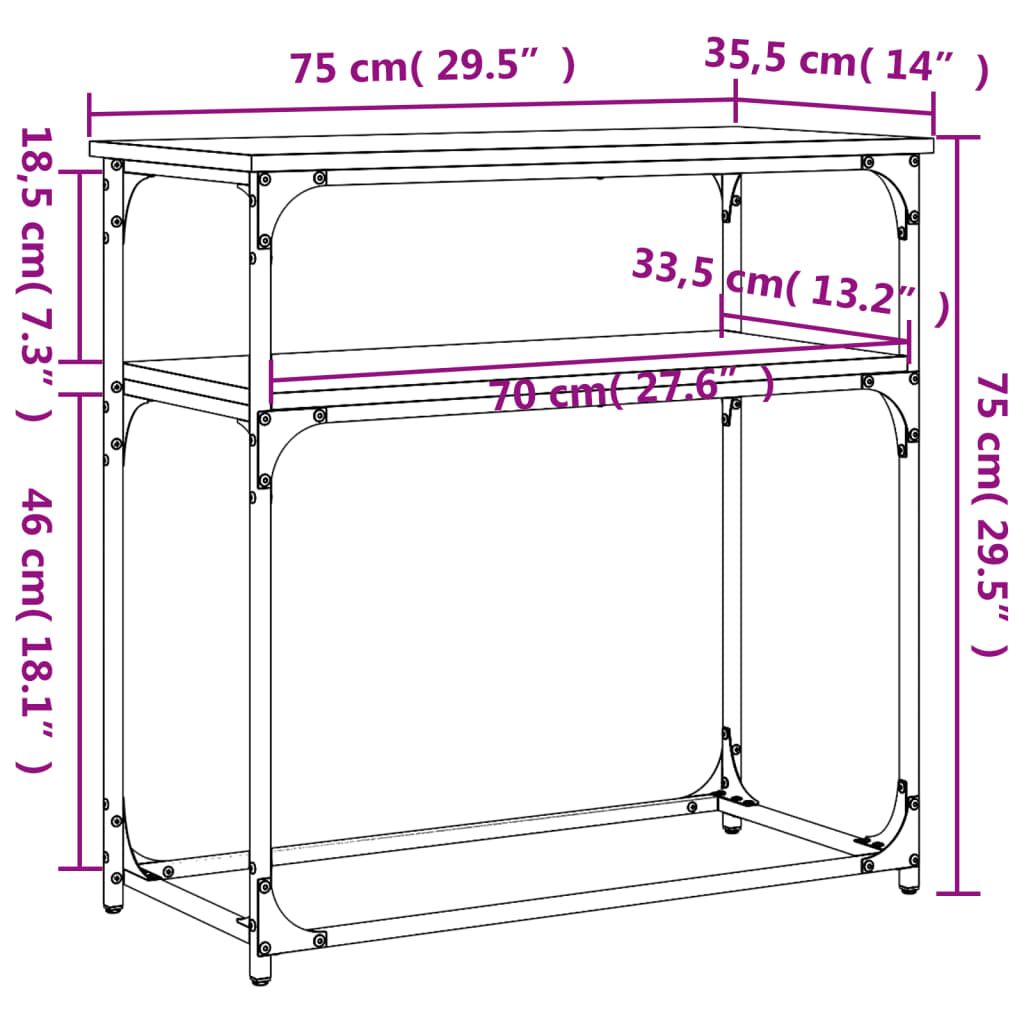 Mesa consola 75x35,5x75 cm derivados madeira carvalho castanho