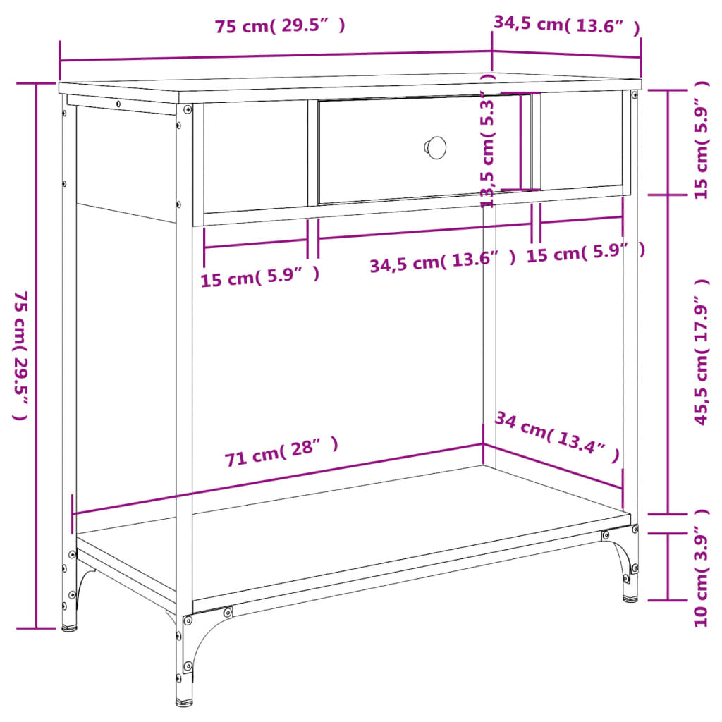 Mesa consola 75x34,5x75 cm derivados de madeira carvalho sonoma