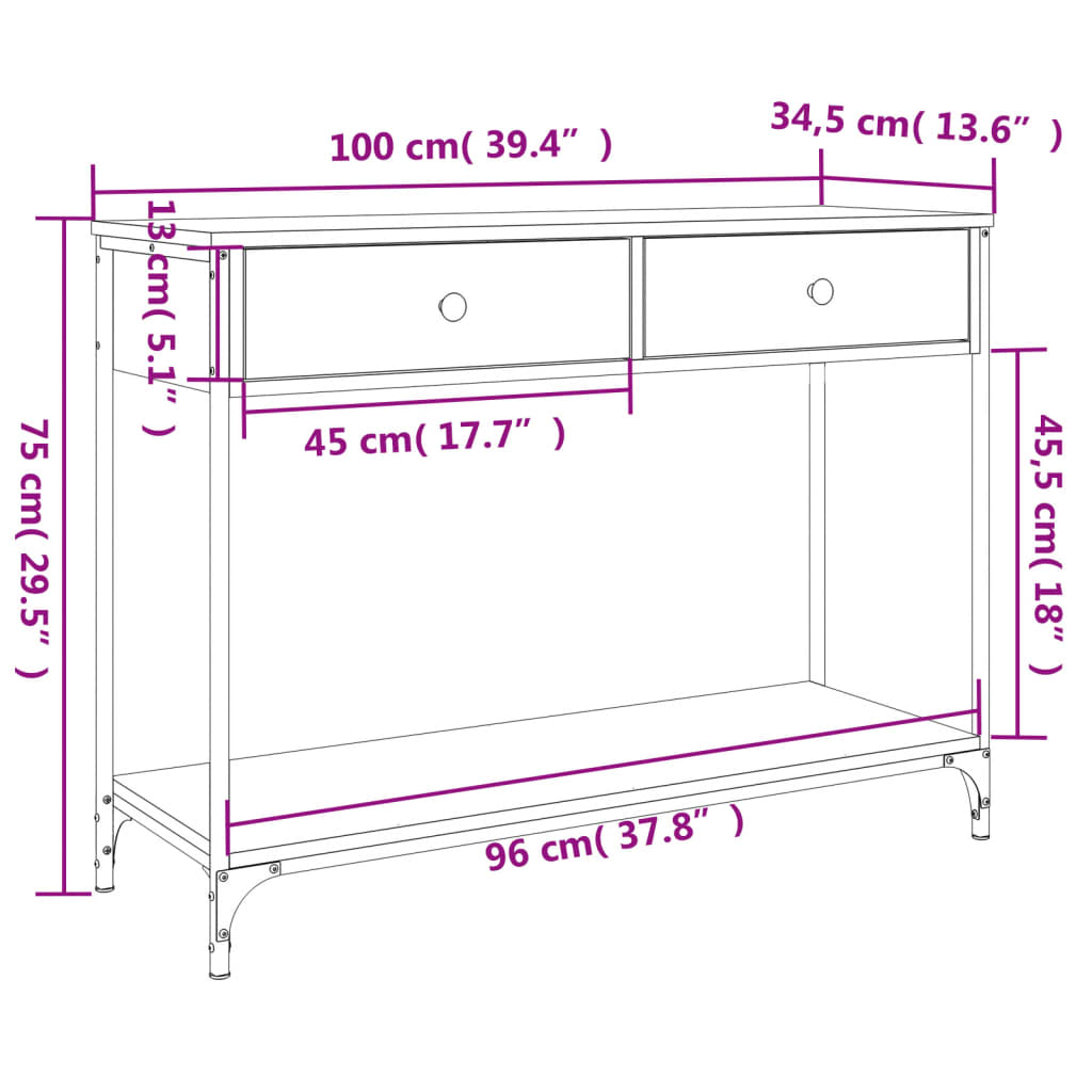 Mesa consola 100x34,5x75cm derivados de madeira carvalho fumado