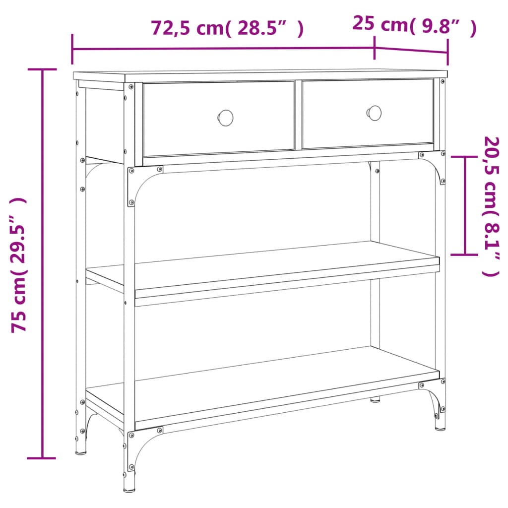 Mesa consola 72,5x25x75 cm derivados de madeira carvalho fumado