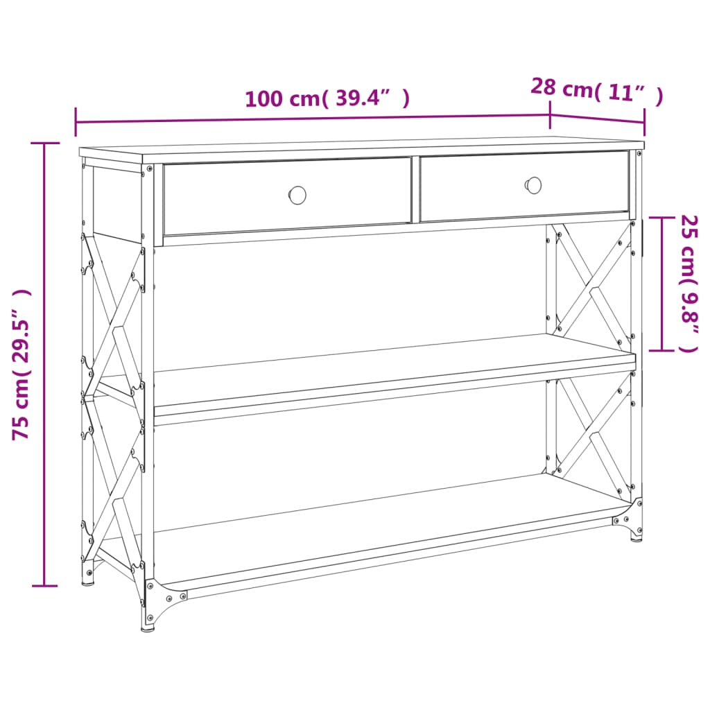 Mesa consola 100x28x75 cm derivados de madeira cinzento sonoma