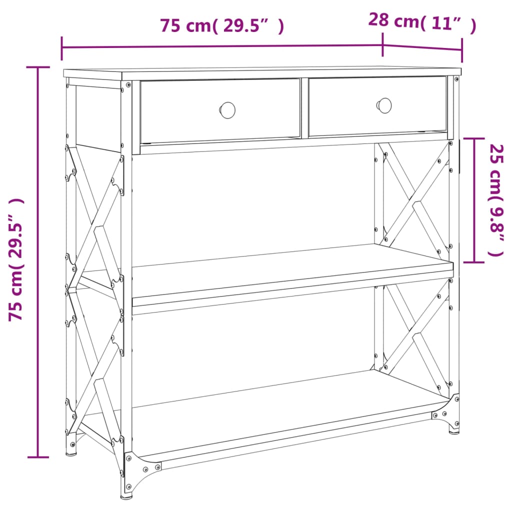 Mesa consola 75x28x75 cm derivados de madeira carvalho fumado