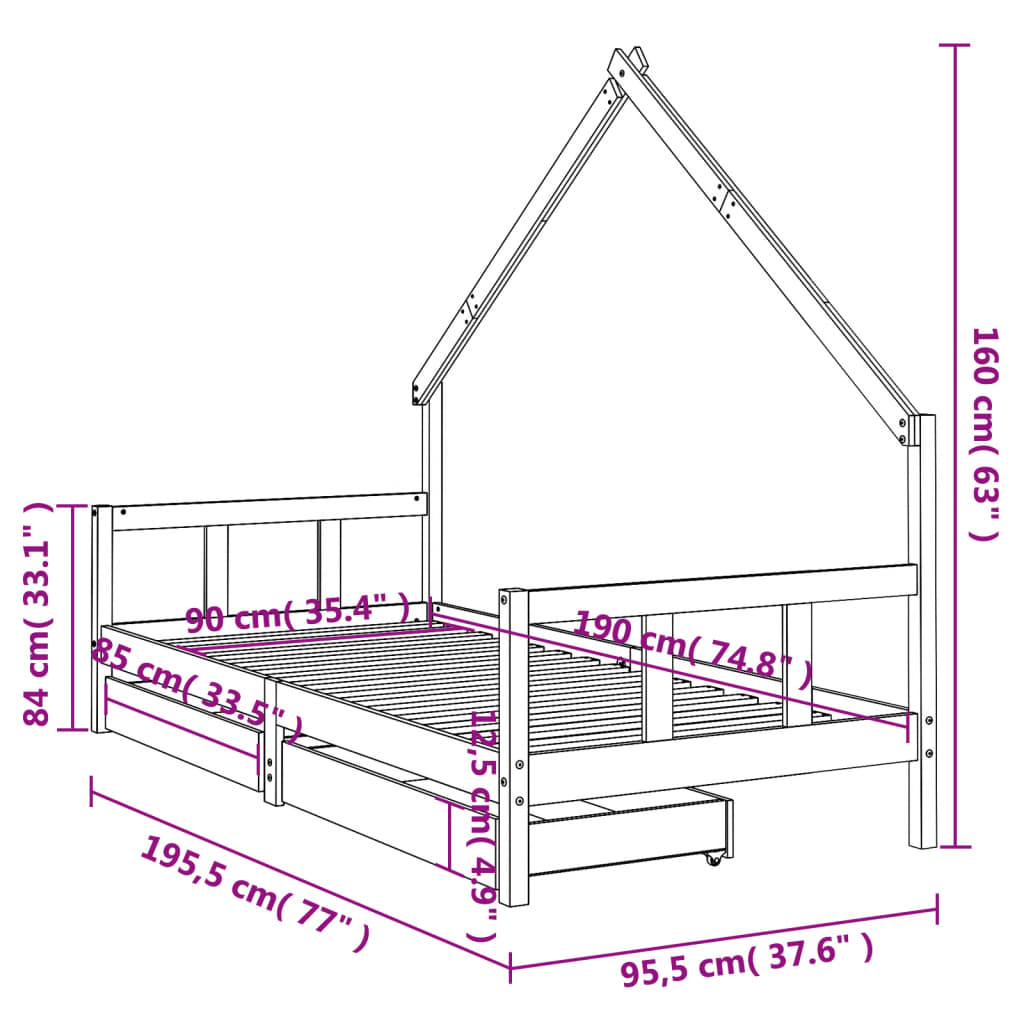 Estrutura de cama infantil c/ gavetas 90x190 cm pinho maciço