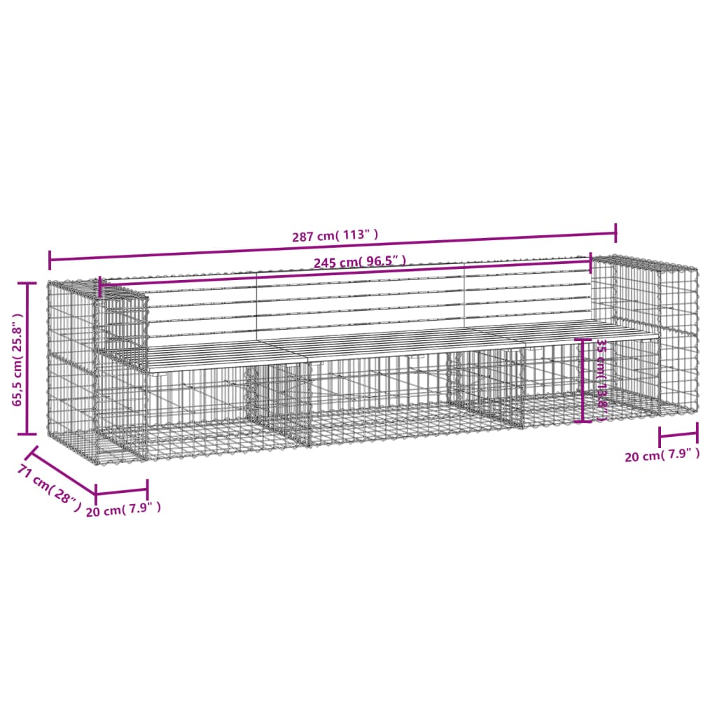 Banco de jardim c/ design gabião 287x71x65,5cm pinho impregnado