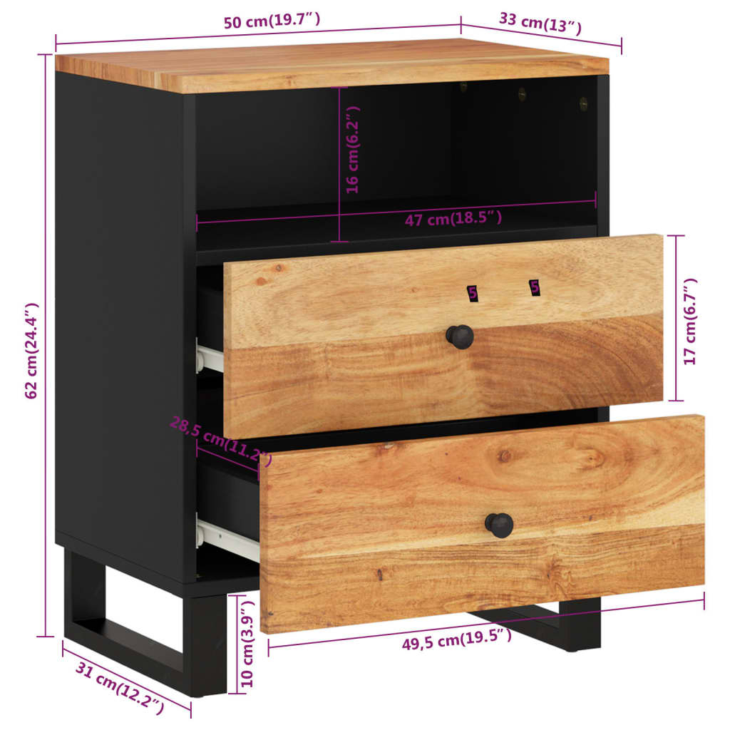 Mesa de cabeceira 50x33x62 cm acácia maciça/derivados madeira