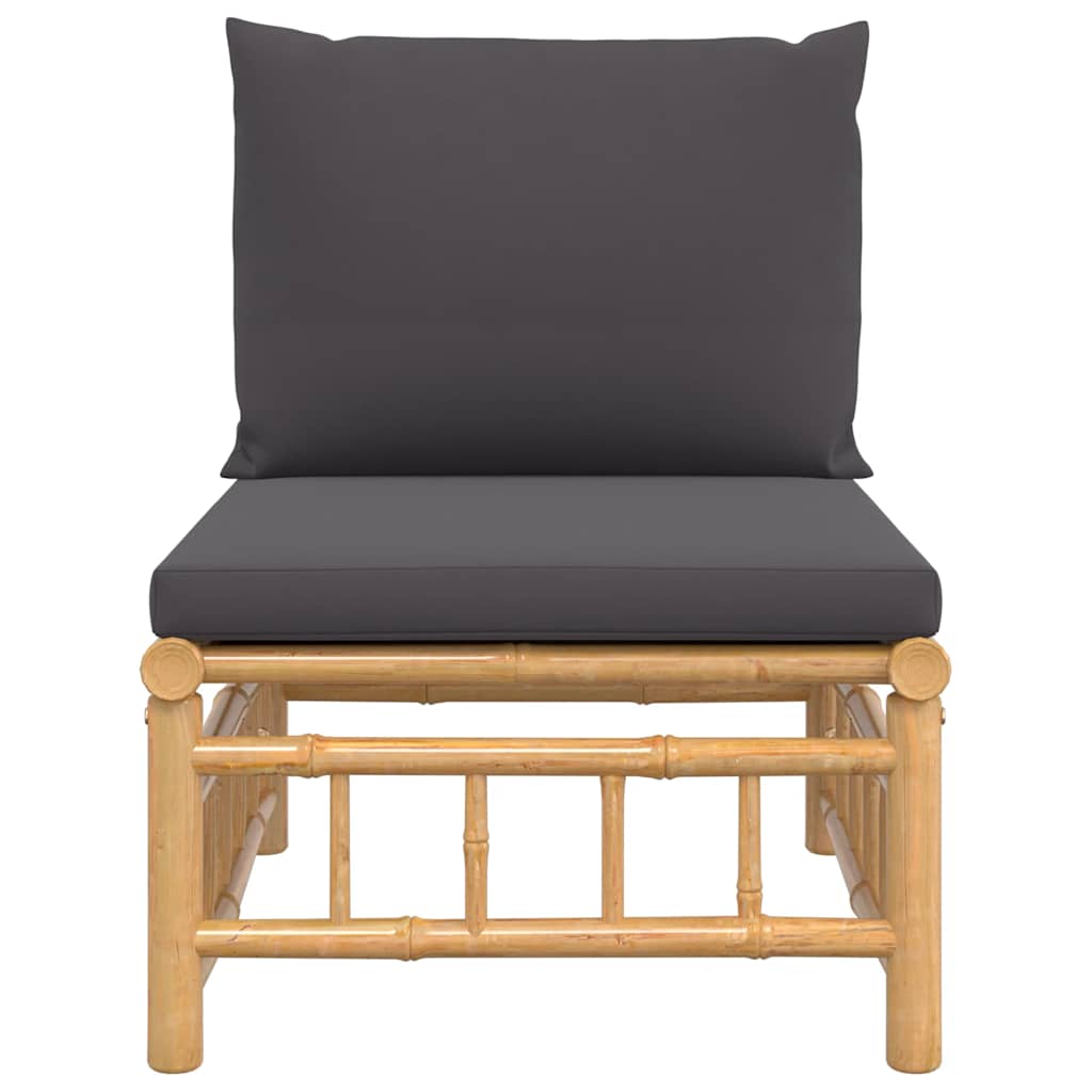 Sofá de centro de jardim bambu com almofadões cinzento-escuro