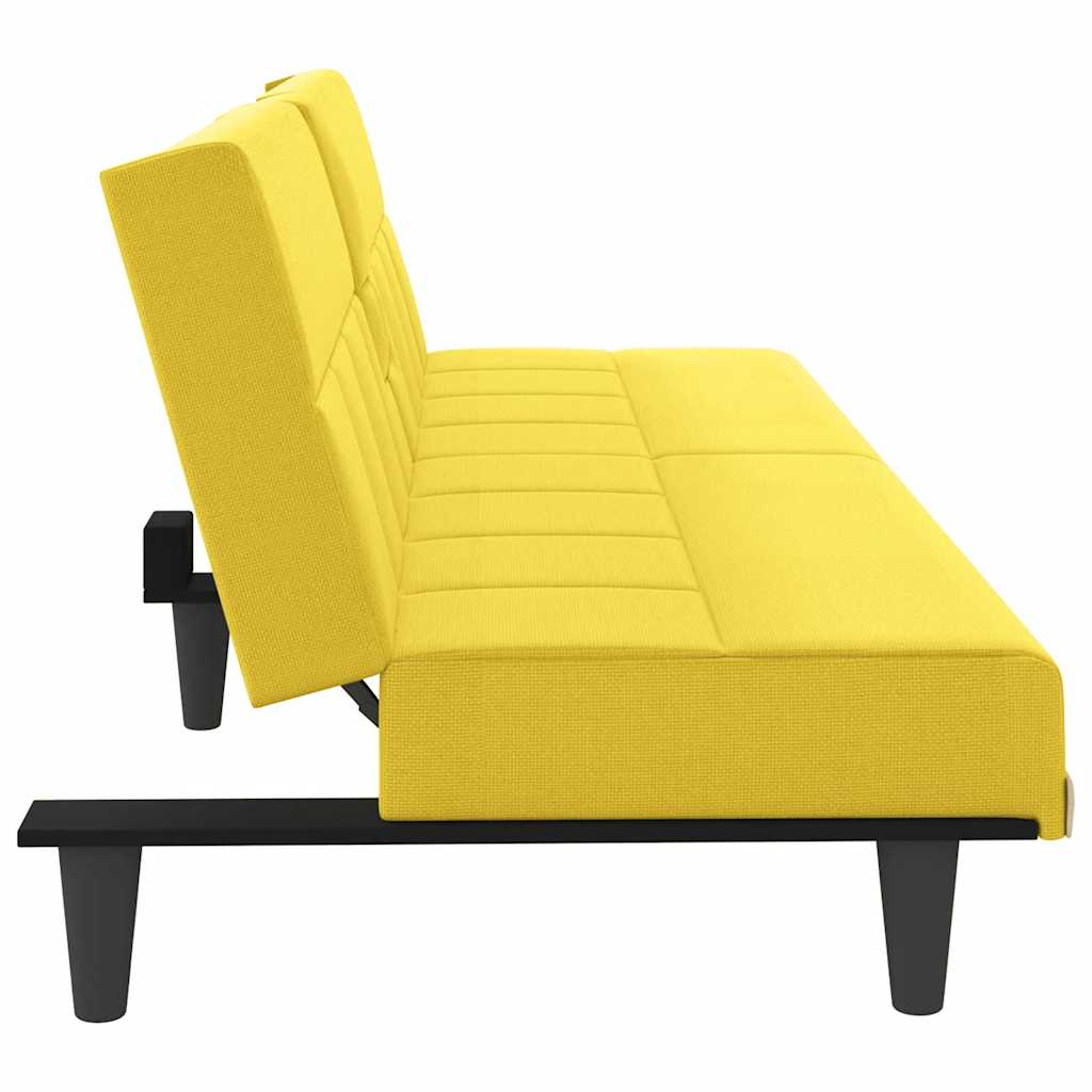 Sofá-cama com suportes para copos tecido amarelo-claro