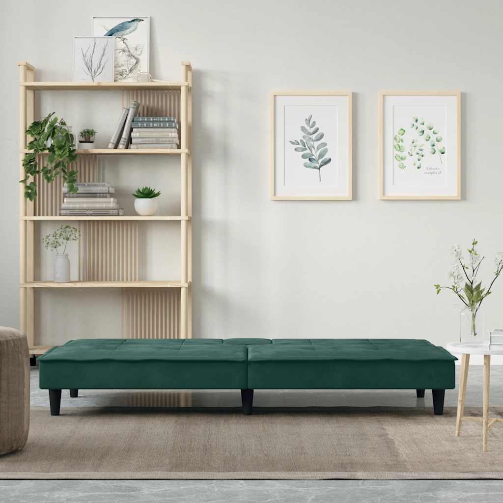 Sofá-cama com suportes para copos veludo verde-escuro