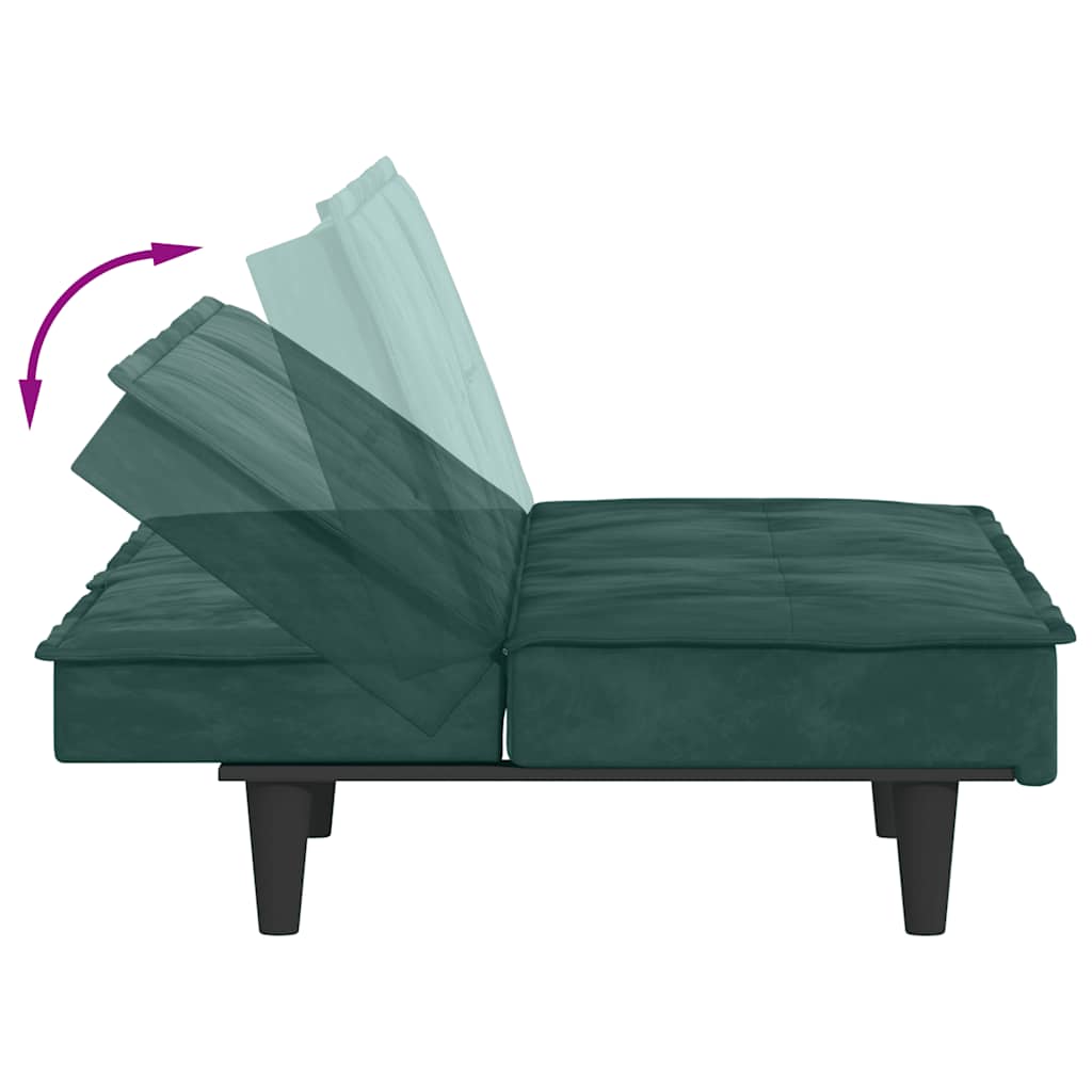 Sofá-cama com suportes para copos veludo verde-escuro
