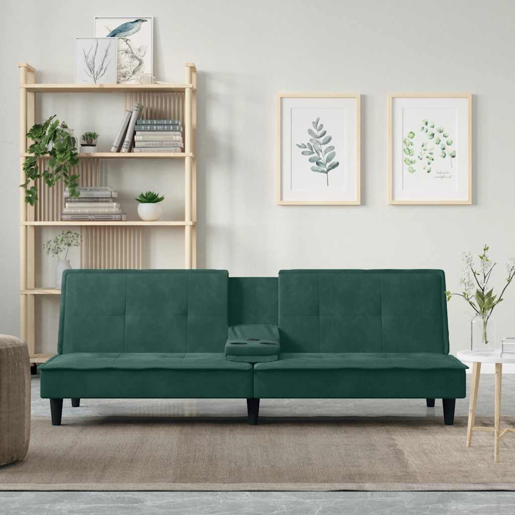 Sofá-cama com suportes para copos veludo verde-escuro