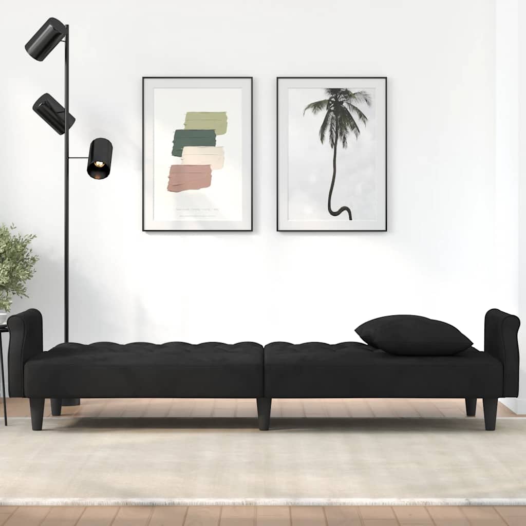 Sofá-cama com apoio de braços veludo preto