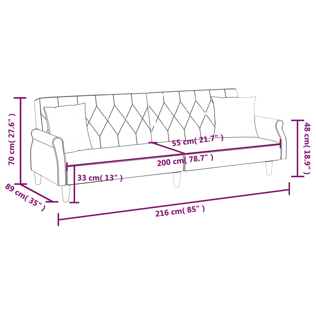Sofá-cama com apoio de braços veludo preto