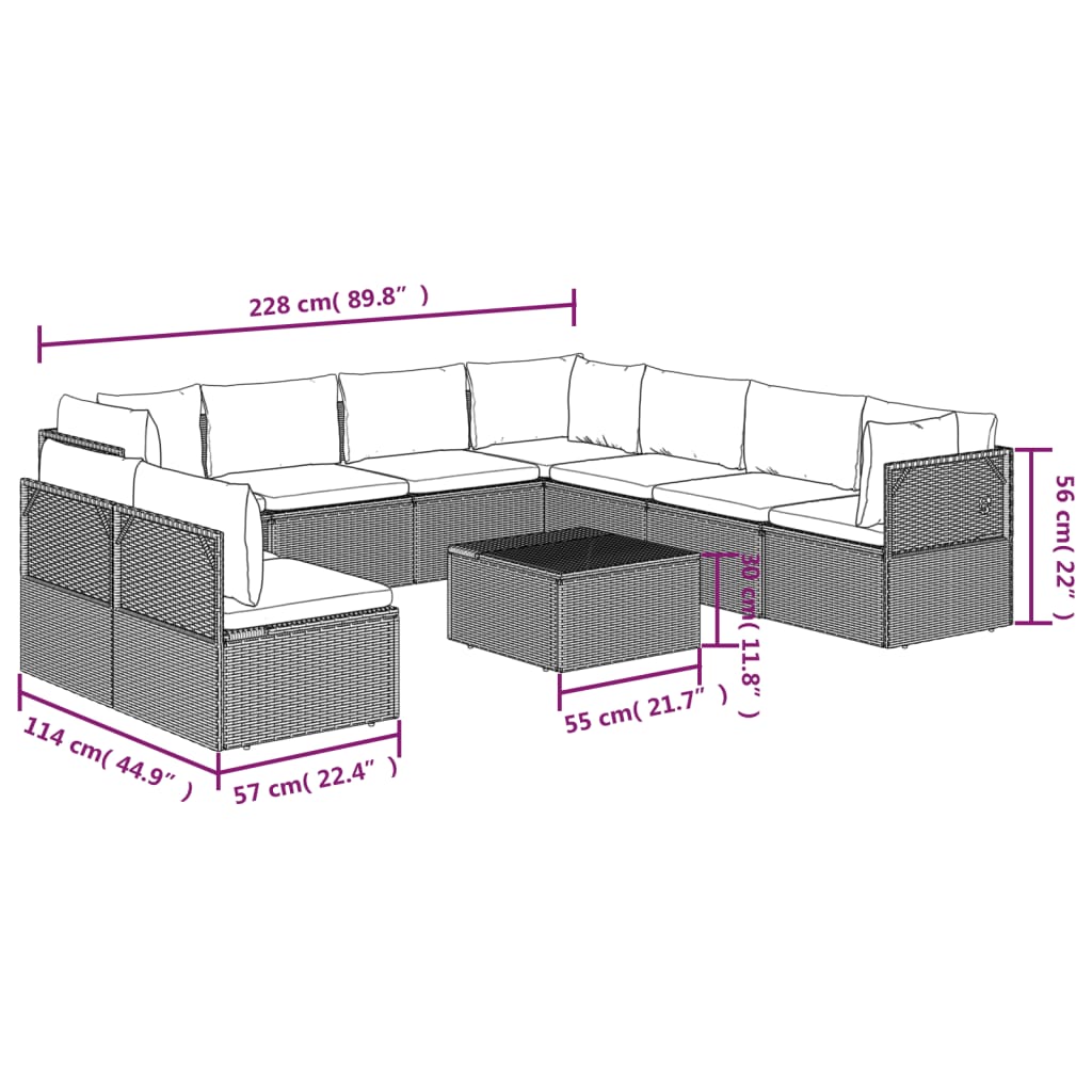 10 pcs conjunto lounge de jardim c/ almofadões vime PE cinzento
