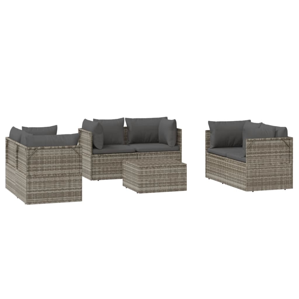 7 pcs conjunto lounge de jardim c/ almofadões vime PE cinzento