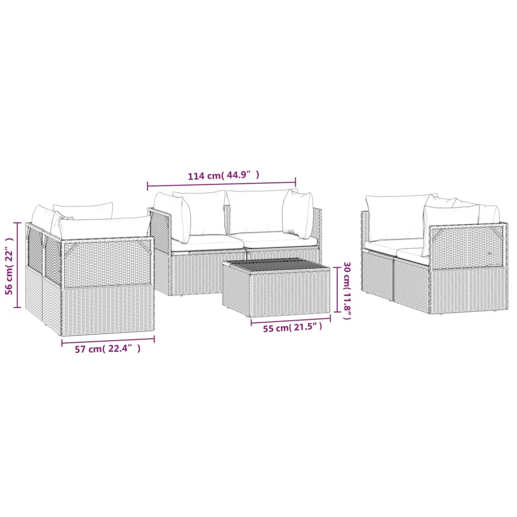 7 pcs conjunto lounge de jardim c/ almofadões vime PE cinzento