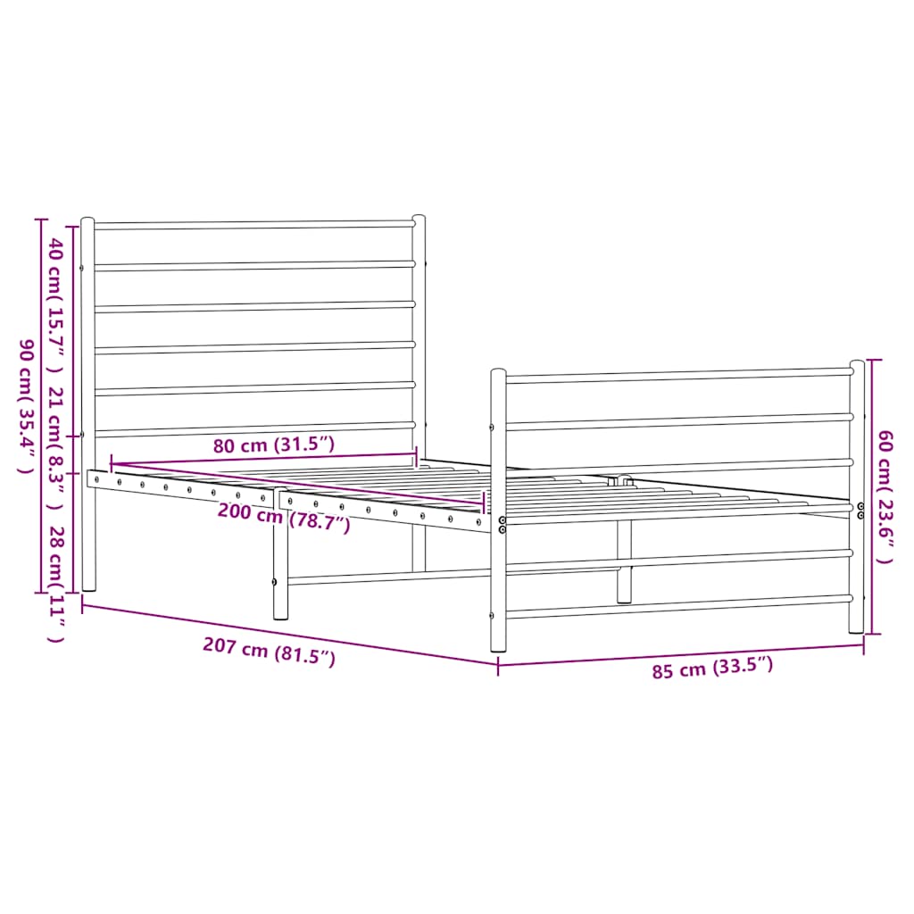Estrutura de cama com cabeceira e pés 80x200 cm metal branco