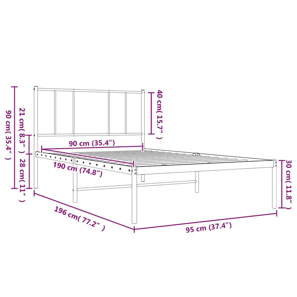 Estrutura de cama com cabeceira 90x190 cm metal preto