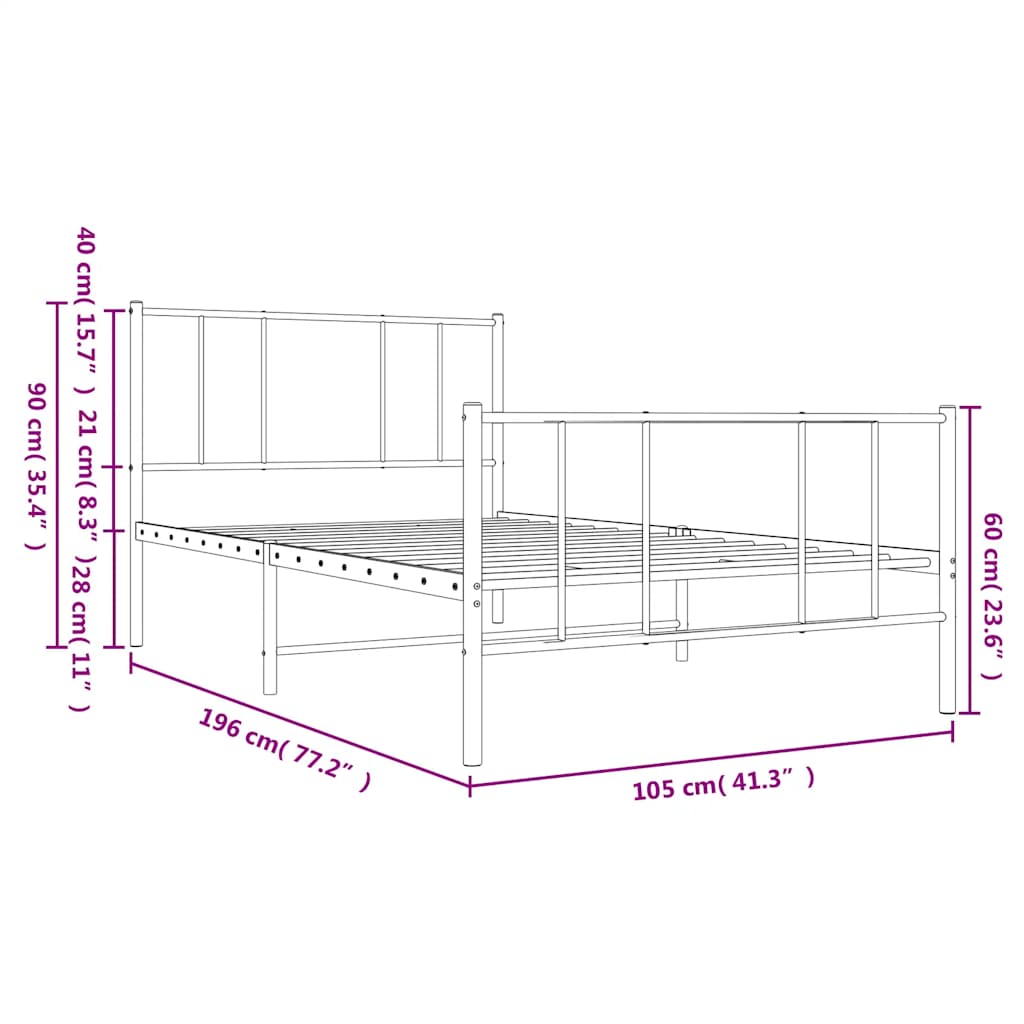 Estrutura de cama com cabeceira e pés 100x190 cm metal preto