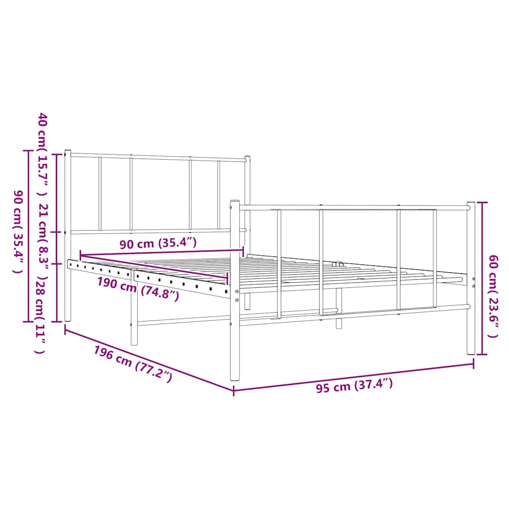 Estrutura de cama com cabeceira e pés 90x190 cm metal branco