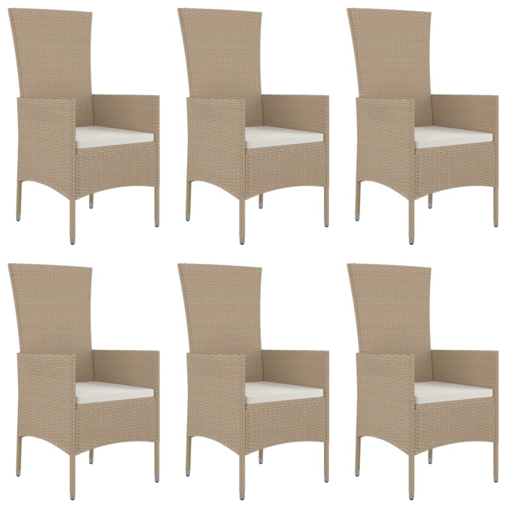 7 pcs conjunto de jantar p/ jardim com almofadões vime PE bege