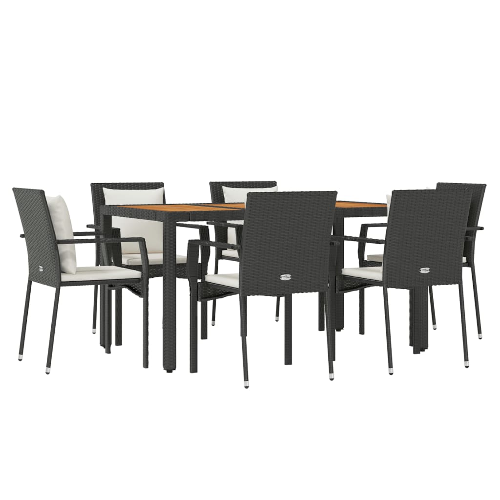 7 pcs conjunto de jantar p/ jardim c/ almofadões vime PE preto
