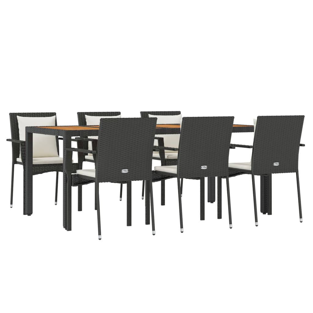 7 pcs conjunto de jantar p/ jardim c/ almofadões vime PE preto