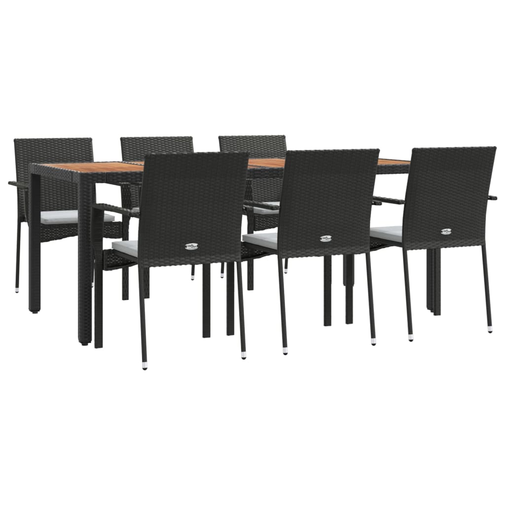 7 pcs conjunto de jantar p/ jardim c/ almofadões vime PE preto