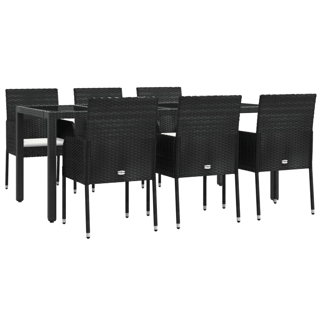 7 pcs conjunto de jantar p/ jardim c/ almofadões vime PE preto